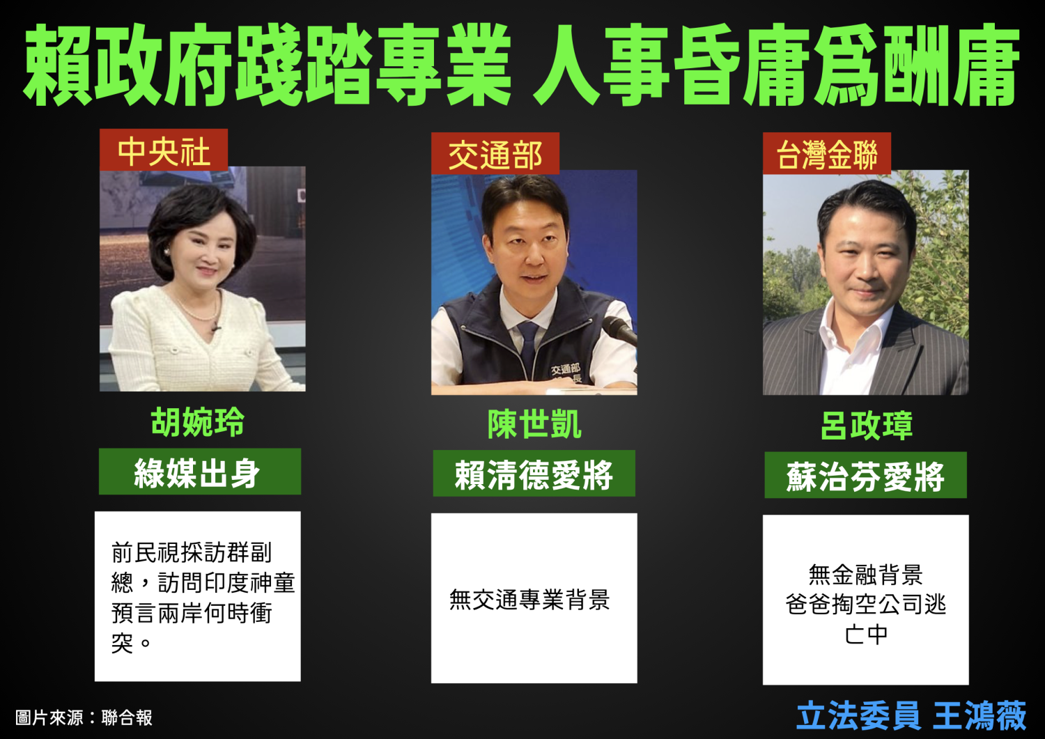 王鴻薇指出，包括之前讓自己98歲舅當資政，中央社胡婉玲接任，沒有交通經驗的陳世凱接任部長，內幕重重，被各界痛批吃相難看。(圖／王鴻薇國會辦公室)