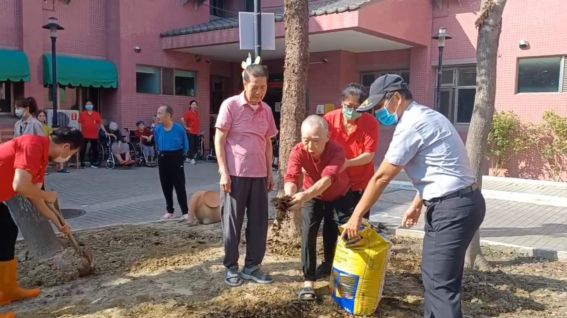 ▲彰化榮家於立冬之際舉辦特別園藝治療活動，由主任蘇再勝帶領多位失智症長者進行波斯菊種植，藉此促進他們的身心健康。（記者張溎壕攝）