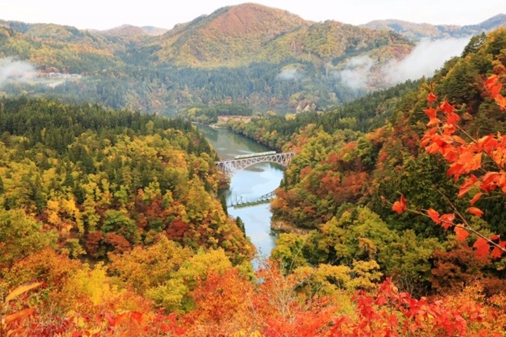 位於福島縣的只見線電車被《日本經濟新聞》評選為最美紅葉鐵道路線。 圖:只見線/提供