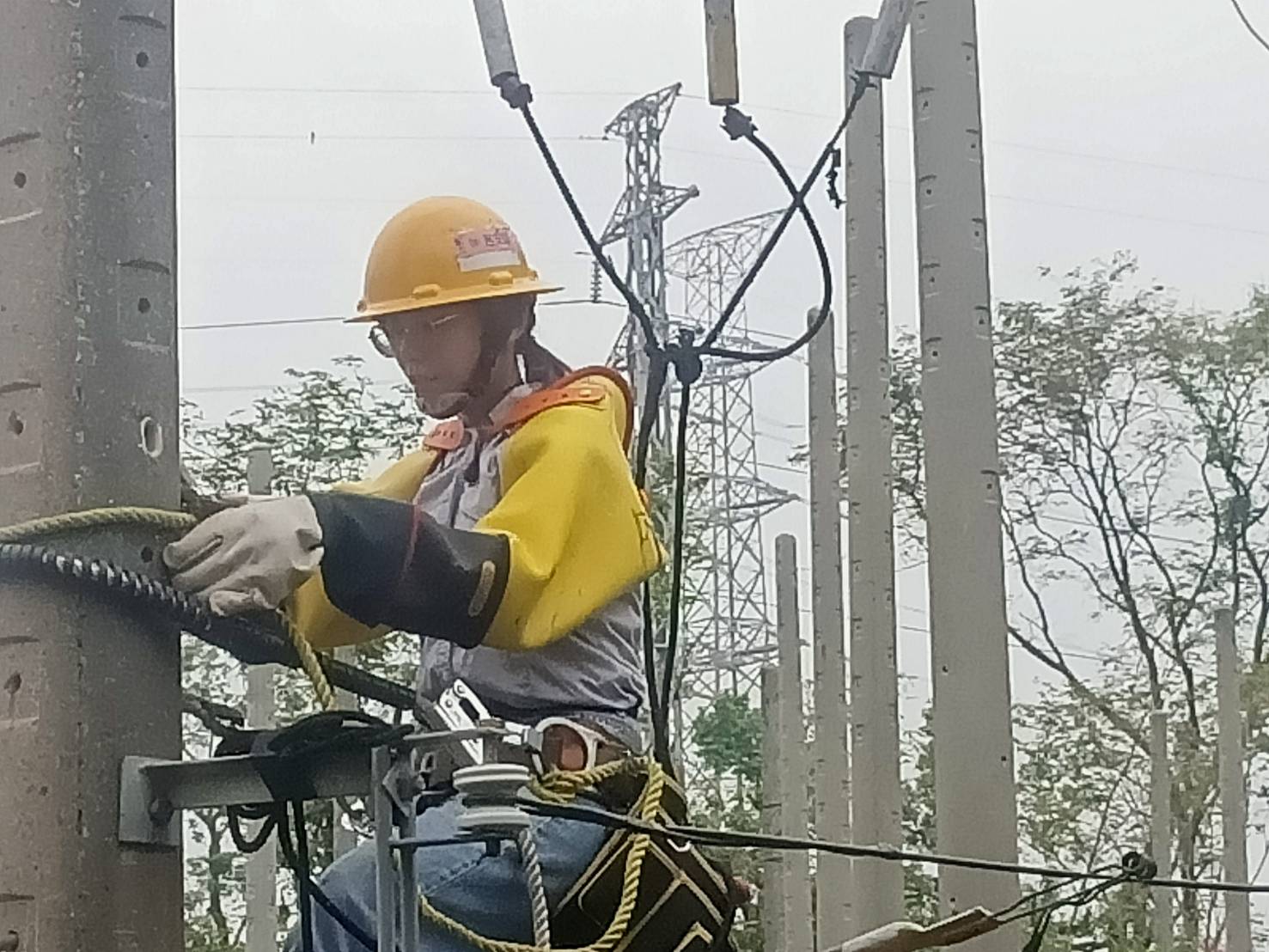 ▲圖、台電活電壓接導線，需要穿戴棉紗、橡膠及羊皮3種手套絕緣。（ 記者李堂安攝）