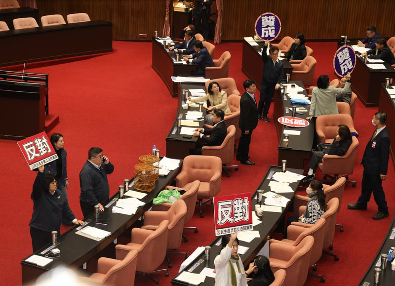 國民黨立院黨團提出修正動議,立法院成立「部會首長財產申報調查委員會」民進黨立委高舉「反對」手牌、國民黨立委則高舉「贊成」手牌。中央社