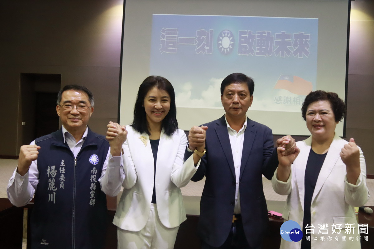 楊主委、許縣長、陳議員一同宣布力挺徵召簡賜勝投入補選。(記者扶小萍攝)