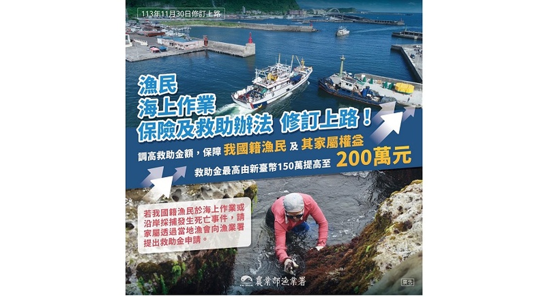 農業部提高我國籍漁民海上作業或沿岸採捕死亡救助金至200萬元 11/30正式上路