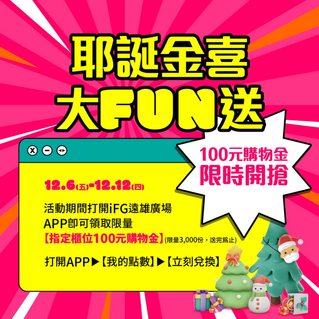 12月6日至12日,每天凌晨零點準時開搶的「耶誕金喜 大FUN送」購物金,每人最高可領取700