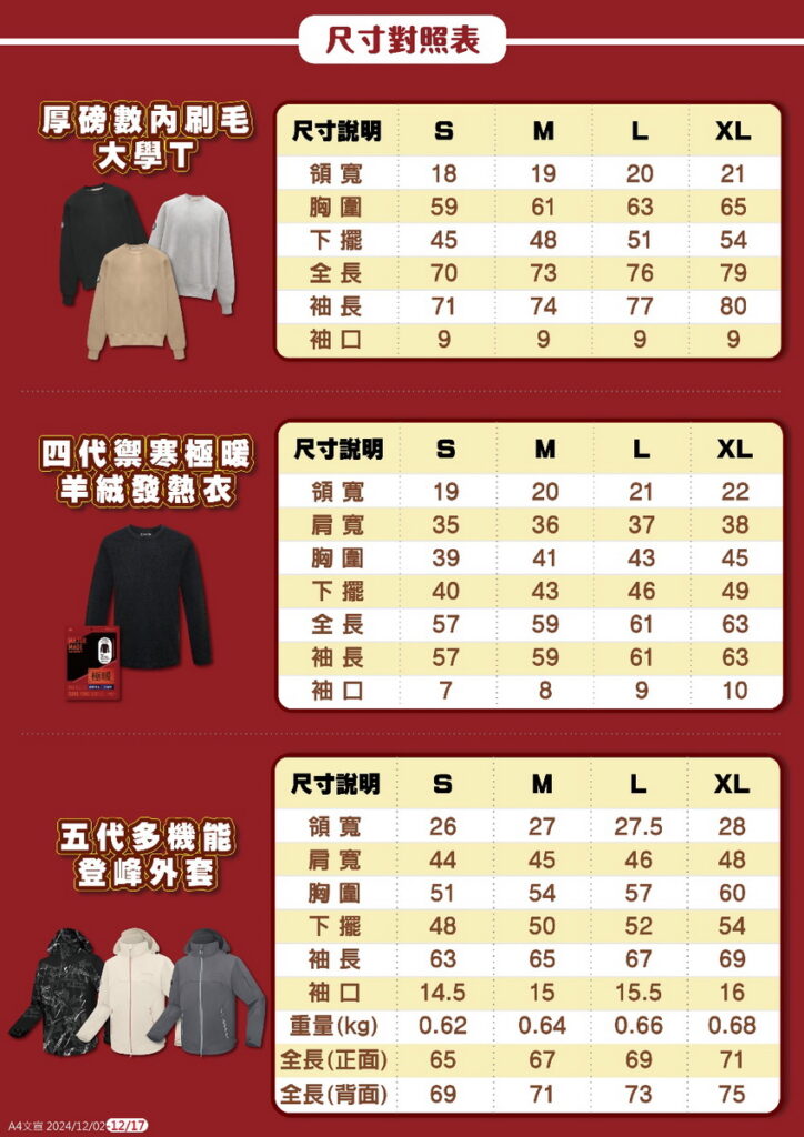 即日起至12月17日萊爾富開放MAJOR MADE x柯震東Kai Ko聯名公益福暖箱預購活動，圖為尺寸對照表