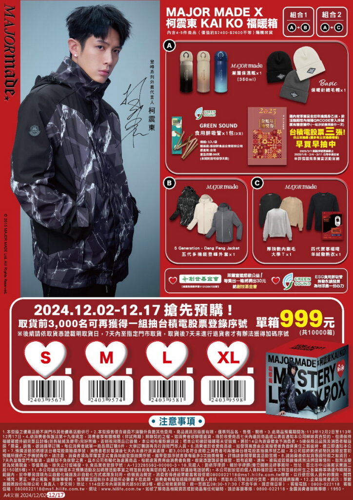 即日起至12月17日萊爾富開放MAJOR MADE x柯震東Kai Ko聯名公益福暖箱預購活動，取貨前3,000名加碼贈台積電股票抽獎序號乙組