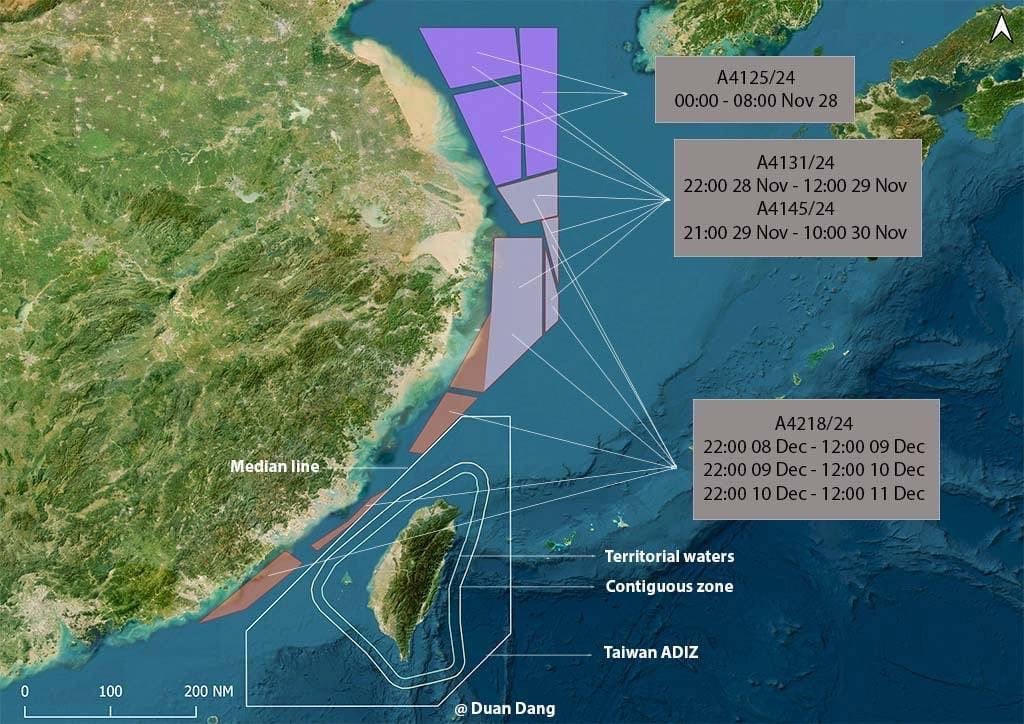中國9至11日劃設7個空域保留區位置圖。翻攝畫面