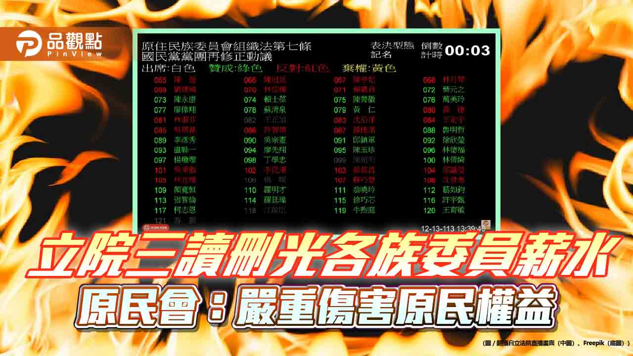 立院三讀刪光各族委員薪水 原民會：嚴重傷害原民權益