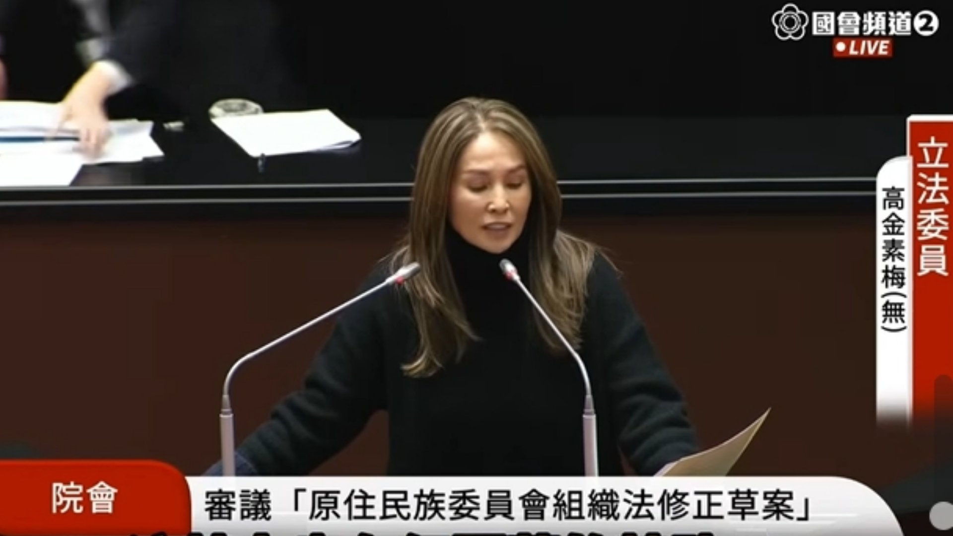 高金素梅13日指控,民進黨立委陳瑩與伍麗華將特助、樁腳「提拔」成為原民會委員。翻攝國會頻道
