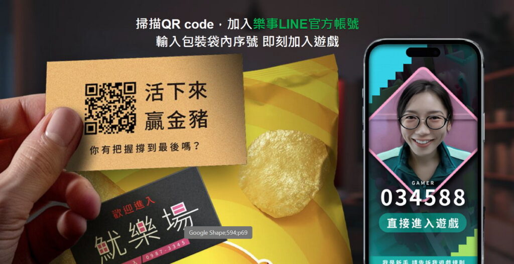 消費者購買樂事產品，掃描包裝內QR Code並加入樂事LINE官方帳號，即可透過專屬序號註冊並獲得「「樂事魷樂場」遊戲身份，有機會奪得「樂事金豬大獎」。