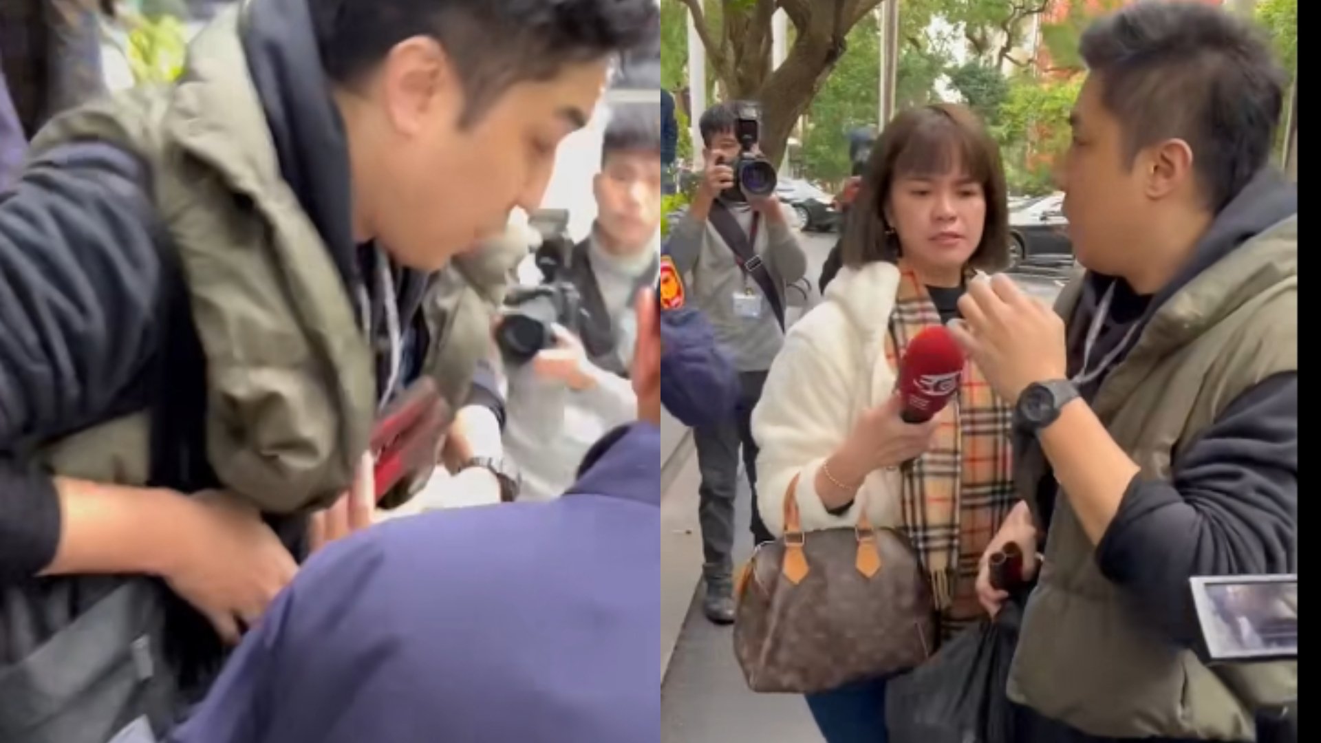 謝克洋帶油壓剪被攔下(左),女友三立記者魏汶萱護駕(右),並將謝克洋帶離現場。翻攝畫面