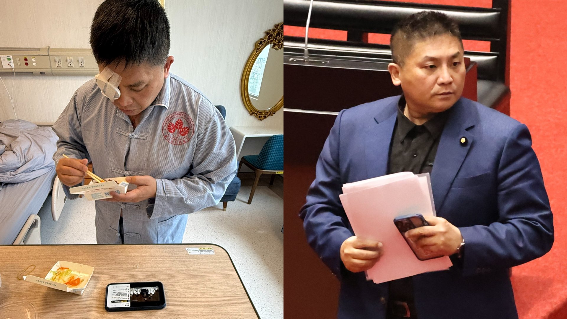 國民黨立委吳宗憲藍委吳宗憲(右)因眼睛出血緊急開刀,他術後報平安表示,手術過程非常順利(左 )。資料照片、翻攝吳宗憲臉書