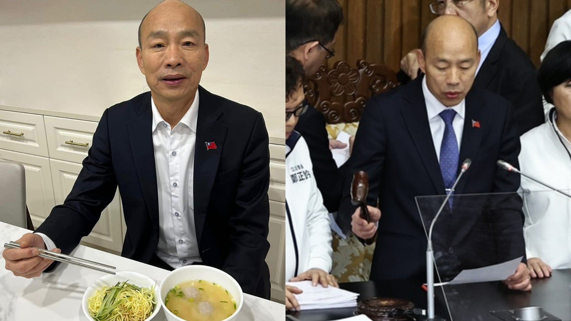 立法院長韓國瑜20日敲槌宣布《財劃法》等3法通過(右),院會結束後,他在發書發文表示自己沒受傷(左)。翻攝韓國瑜臉書、中央社