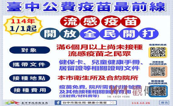 流感將進入流行期 中市衛生局:明年1/1起公費流感疫苗開放全民接種