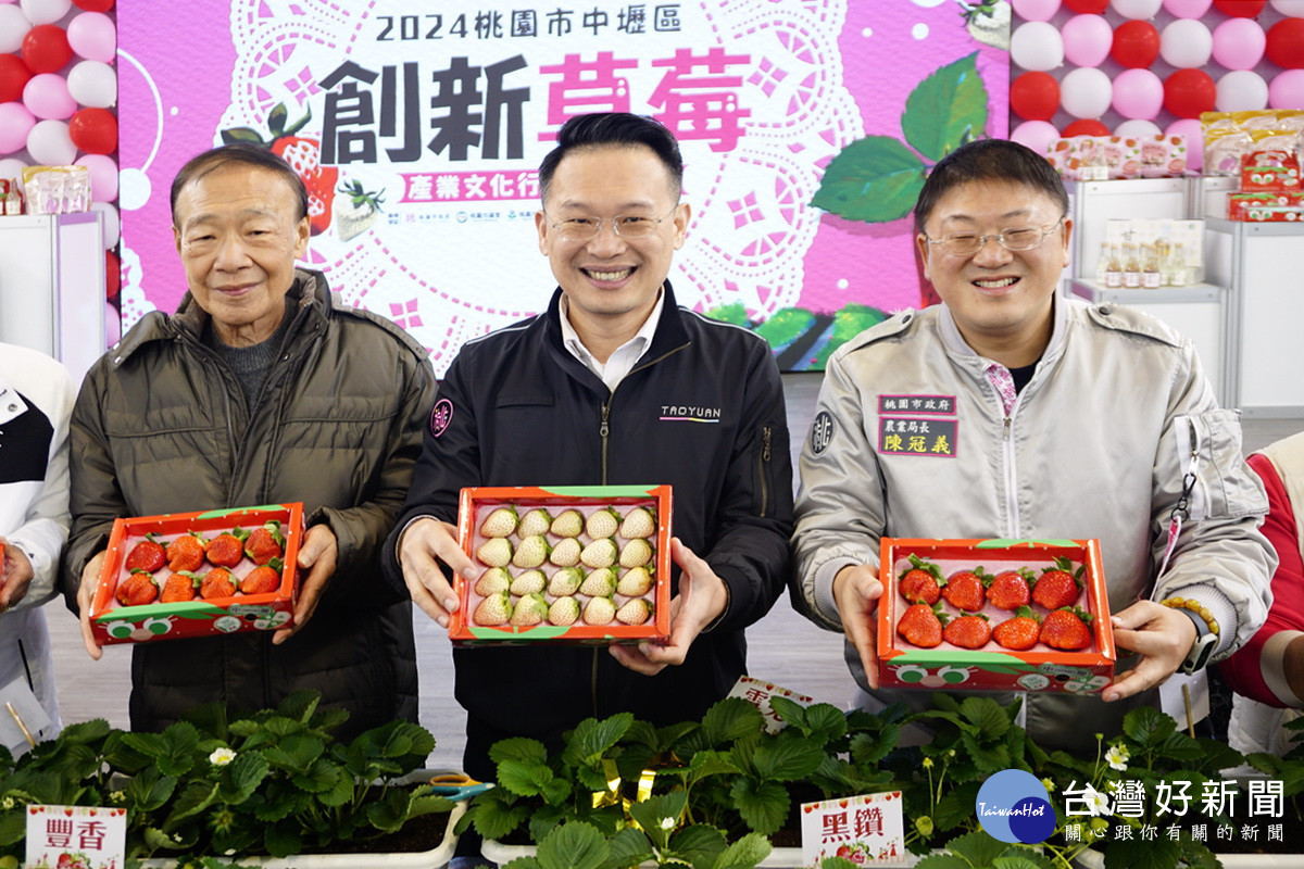 桃園市副市長蘇俊賓與農業局長陳冠義展示草莓產品。<br /><br />
