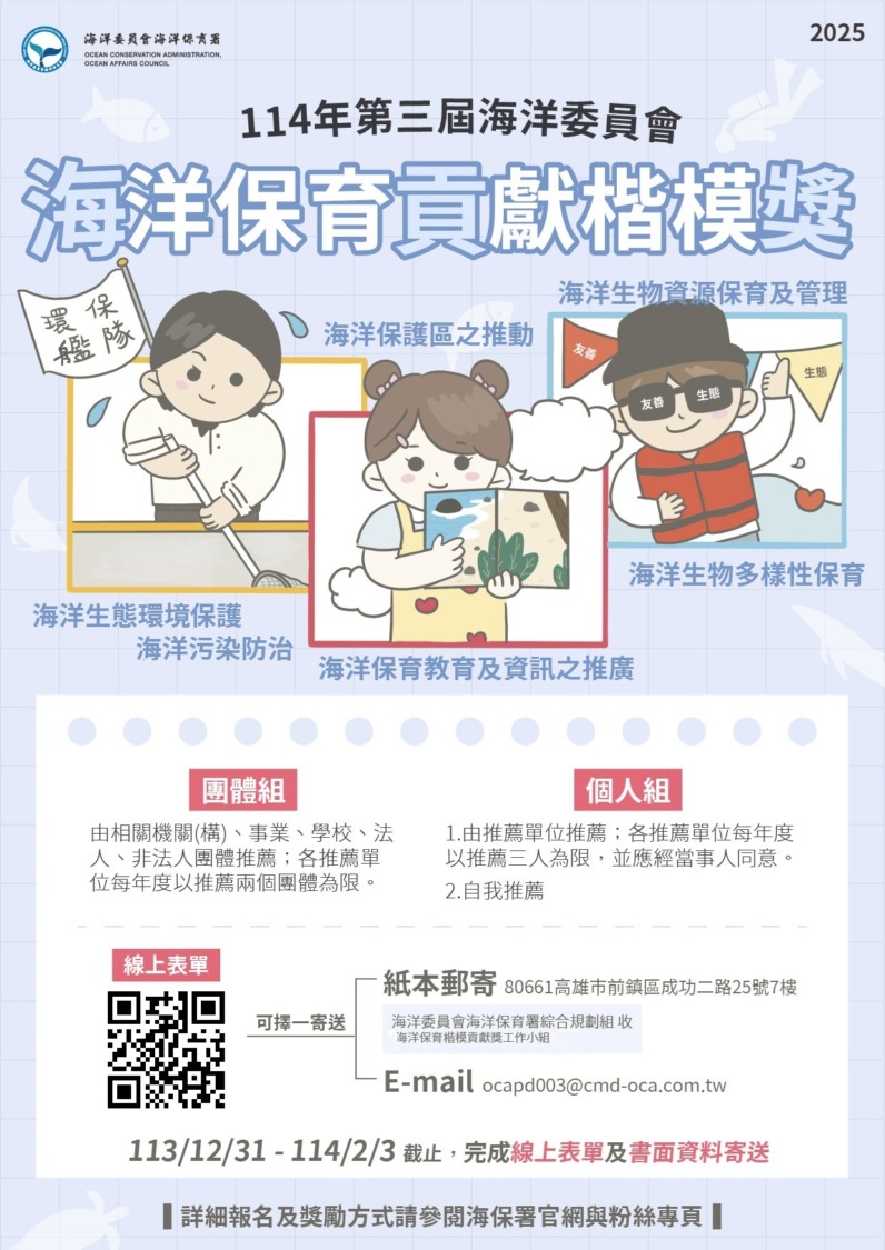 海保署表揚海洋保育標竿 第三屆海洋保育貢獻楷模獎12月31日起接受推薦
