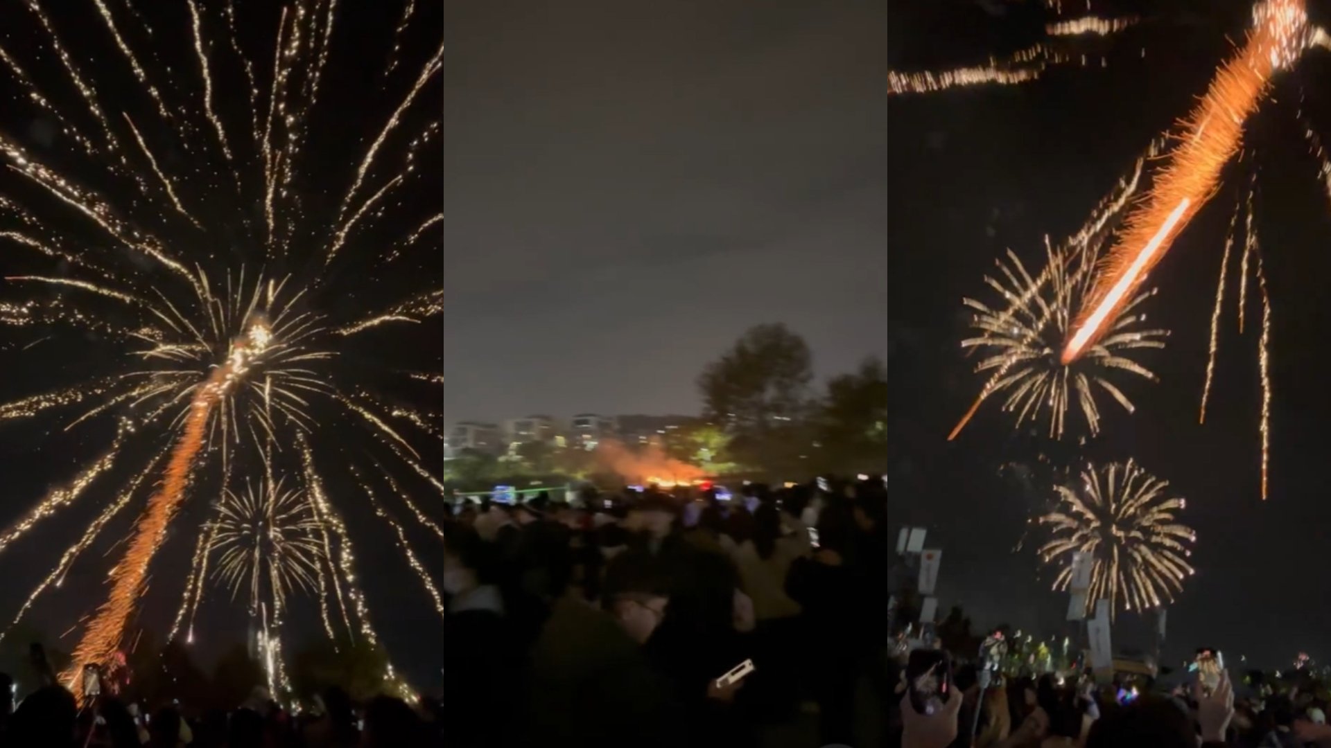台中跨年放煙火,卻發生落焰直撲人群,造成一名女童臉部燒傷、多人衣服燒破,還引發火警。翻攝Threads