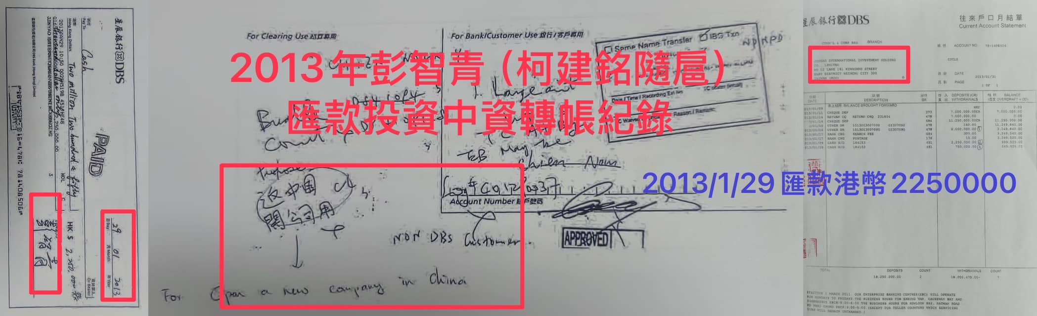 2013年1月29日彭智青透過星展銀行,匯款至「金鑰控股(香港)」帳戶$225萬港幣,並寫上「返中國開公司用」等語。圖/取自徐巧芯臉書