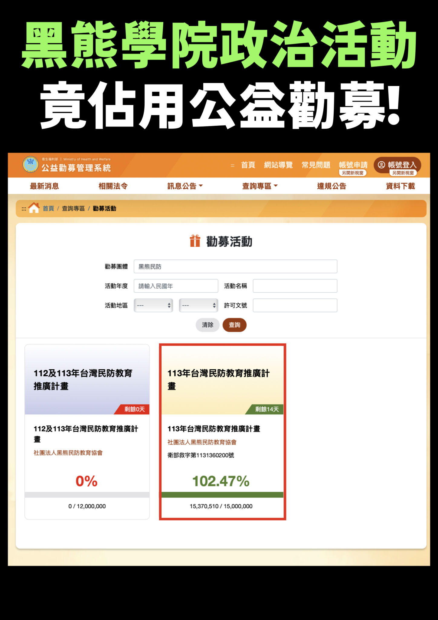 控黑熊學院違法排擠弱勢公益勸募 王鴻薇批:吃人血饅頭 222 控黑熊學院違法排擠弱勢公益勸募 王鴻薇批:吃人血饅頭 221