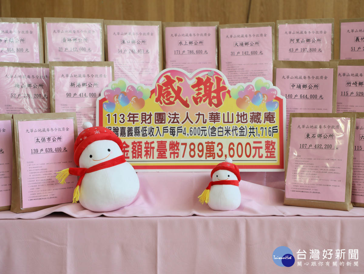 財團法人九華山地藏庵董事長黃俊森今(7)日捐贈789萬3600元冬令救濟金,縣長翁章梁代表接受並回頒感謝狀/縣政府提供