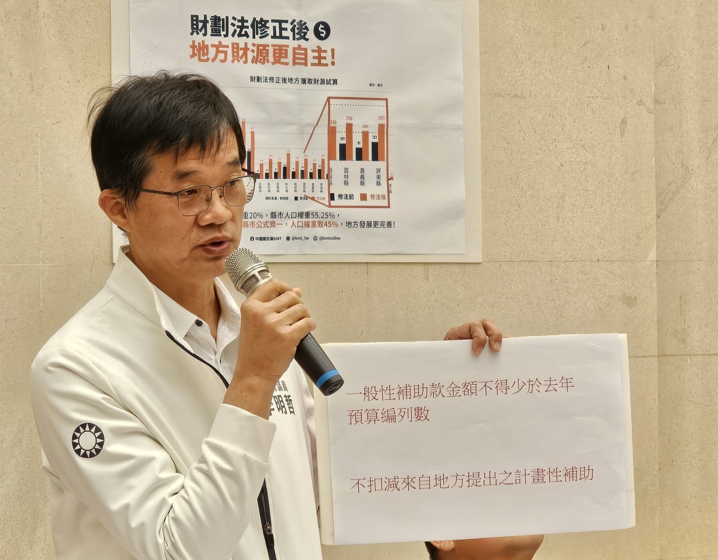 國民黨團總召李明哲議員訴求「一般性補助款金額不得少於去年預算編列數」、「不扣減來自地方政府提出的計畫性補助」。(圖/記者葉子綱攝)