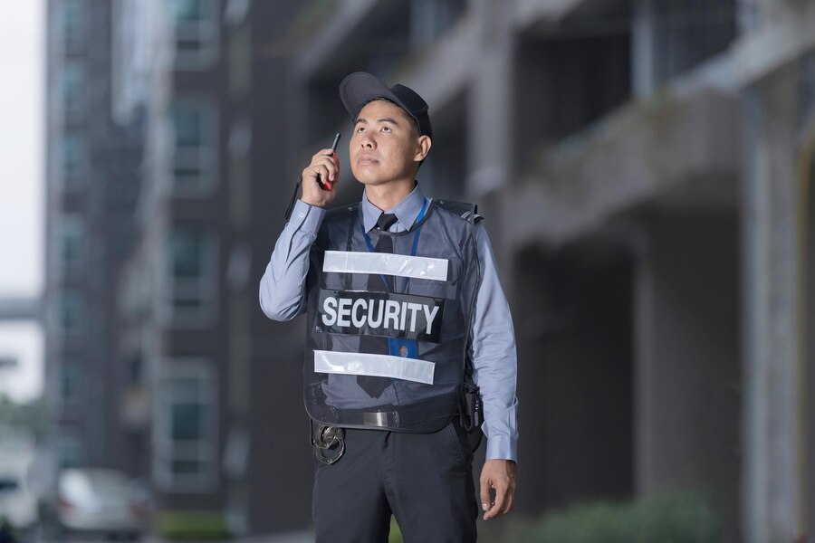 male security guard using portable radio 51195 5994