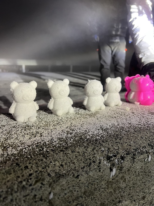 強烈大陸冷氣團影響搭配水氣,合歡山10日凌晨起陸續下冰霰,網路社團「台灣追雪團」成員不懼低溫,徹夜在海拔3275公尺合歡山武嶺等雪,並用冰霰堆起小雪人。(台灣追雪團江文正提供)圖/中央社