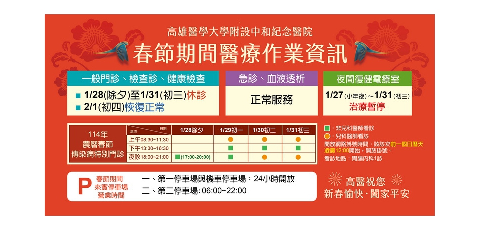 高醫門診除夕至初三休診 開設傳染病特別門診