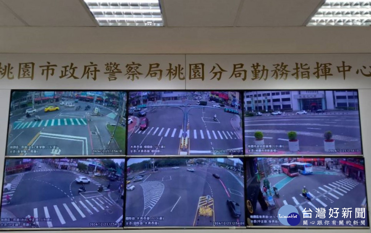 桃園分局勤務指揮中心設立天羅地網電視牆，監控轄區各重要路口即時路況，遇壅塞立即調度交通快打警力疏導。