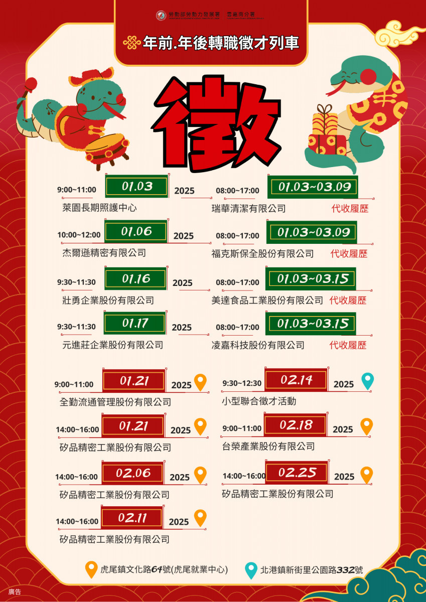 虎尾就業中心於1月至2月展開一系列【年前/年後轉職徵才列車】活動/虎尾就業中心提供