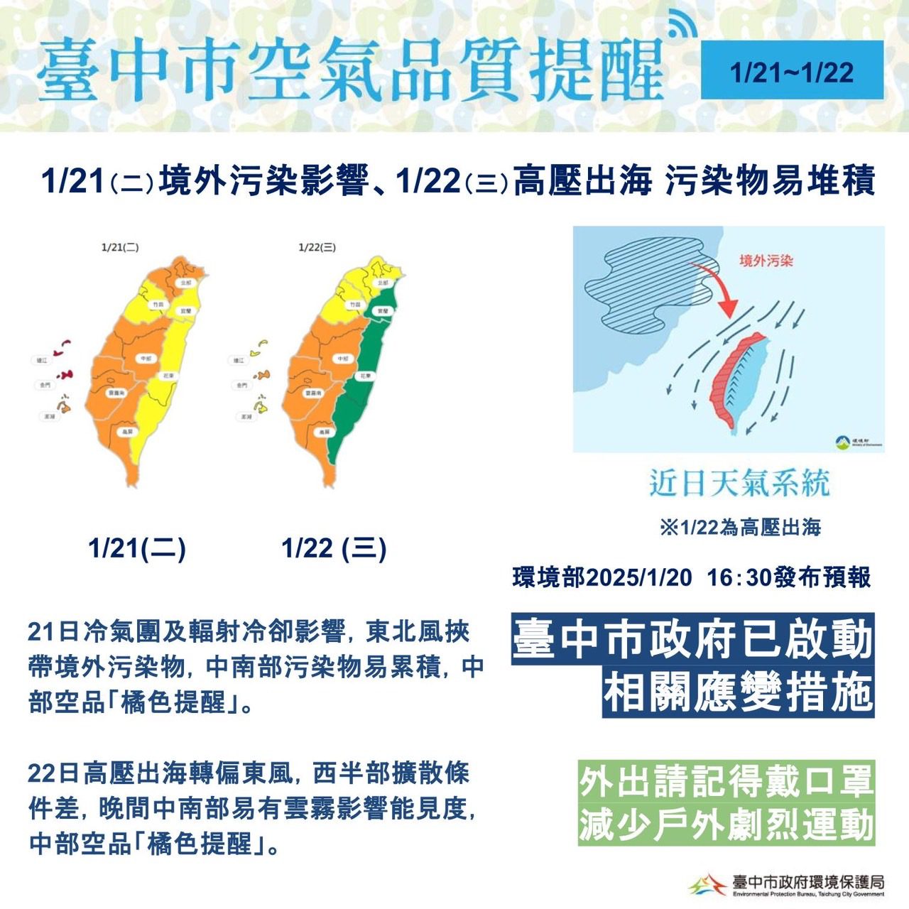 未來二日西半部空氣品質恐轉差　中市府已啟動應變、提醒民眾做好防護