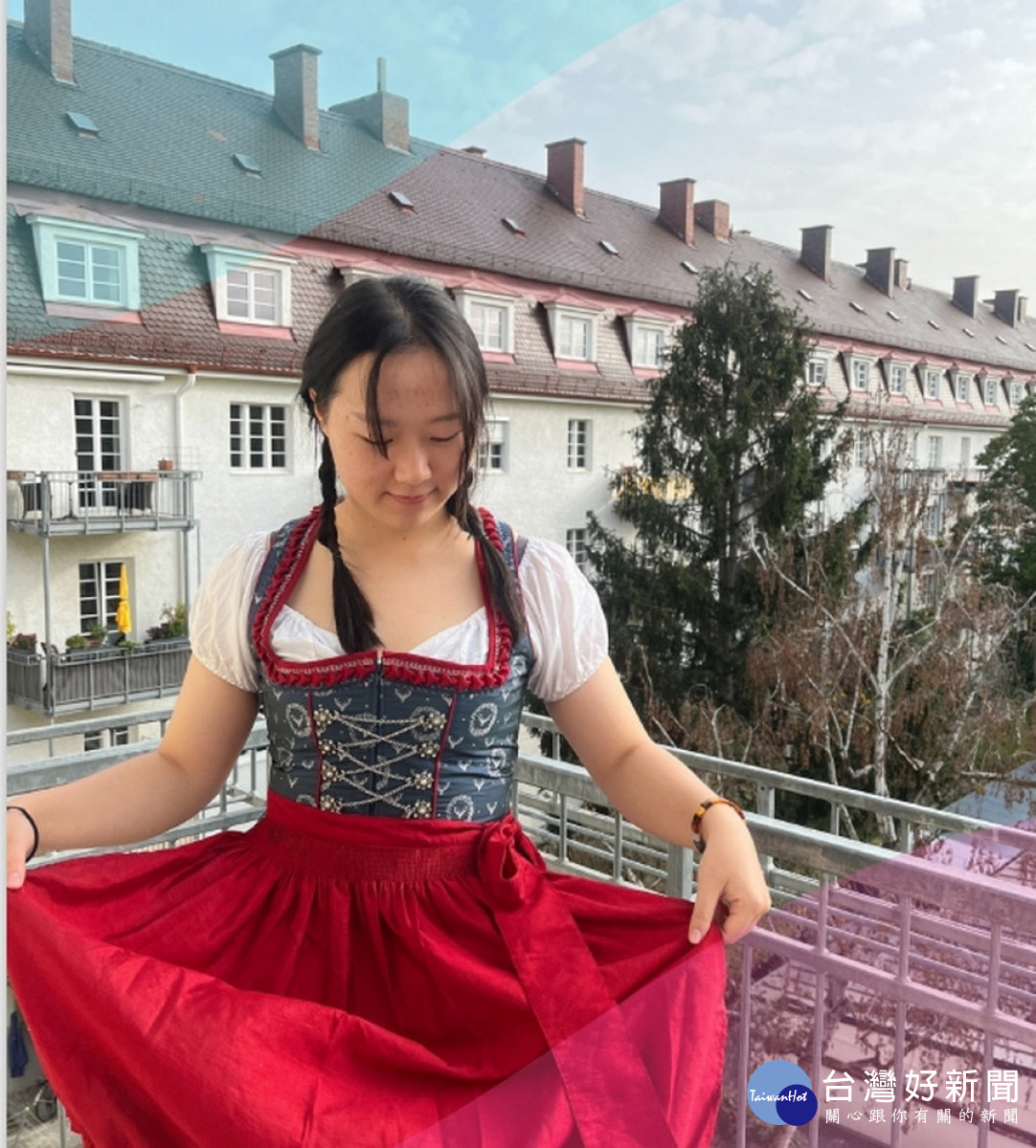 在德國交換學習的國比系張沿麇穿上當地傳統服飾體驗跨文化魅力。（暨大提供）