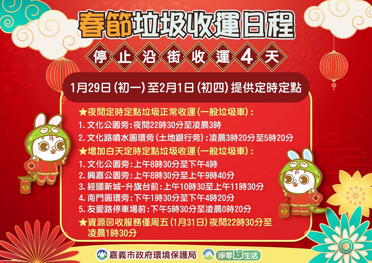 嘉義市春節期間(1月29日(初一)~2月1日(初四)垃圾收運日程/嘉義市府提供