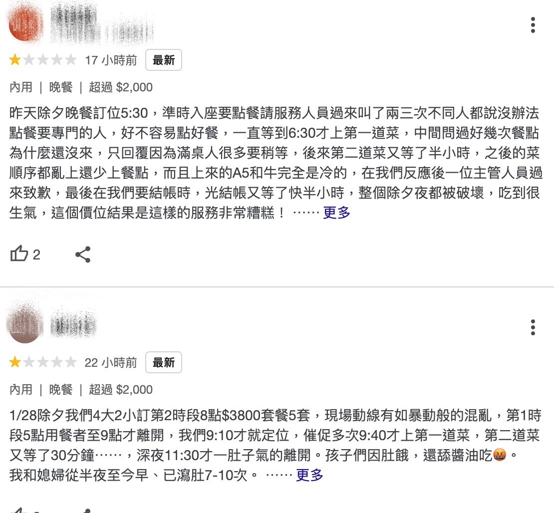 除夕夜三井日式料理「多人上吐下瀉」!顧客怒留一星負評洗版
