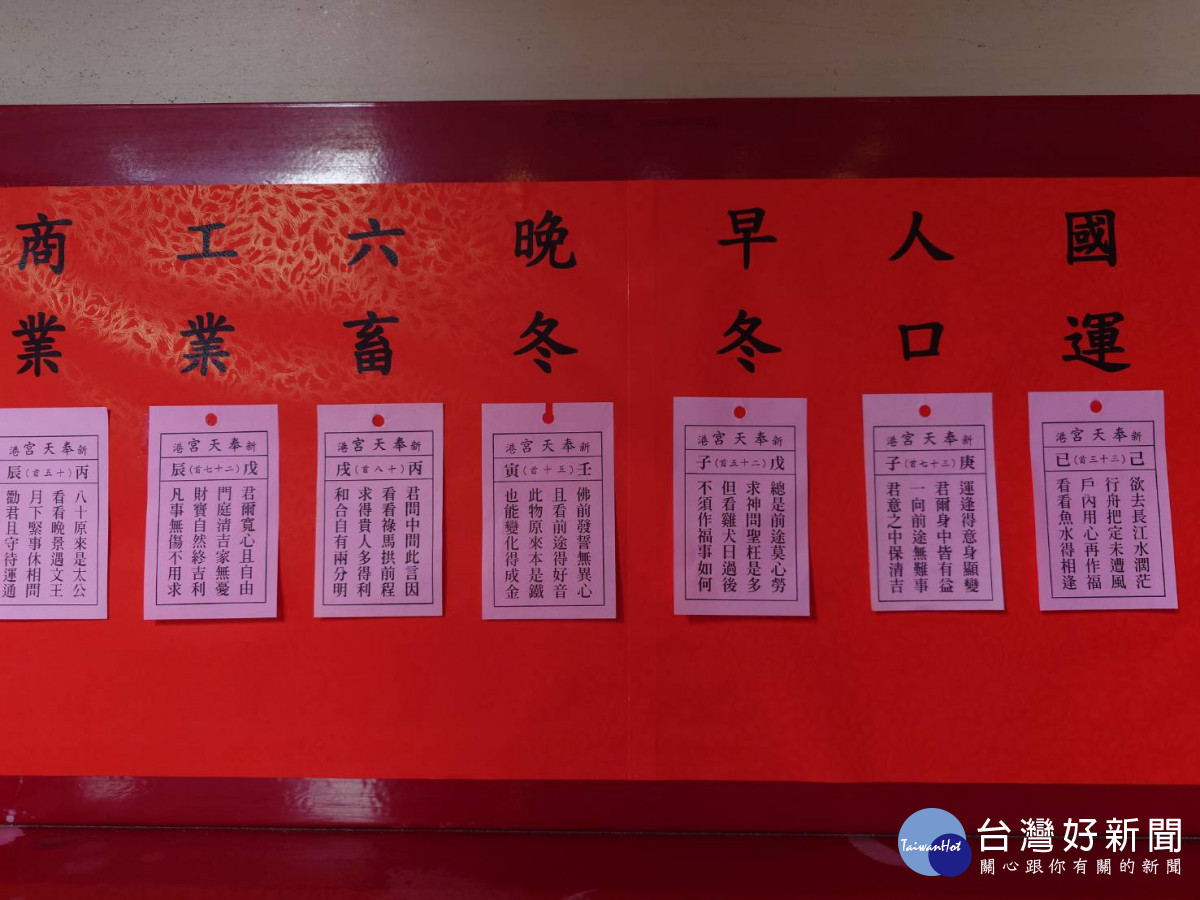 新港奉天宮今天依例舉行接神擲公籤儀式，抽出國運、人口、早冬、晚冬、商業、工業、六畜等籤/陳致愷翻攝