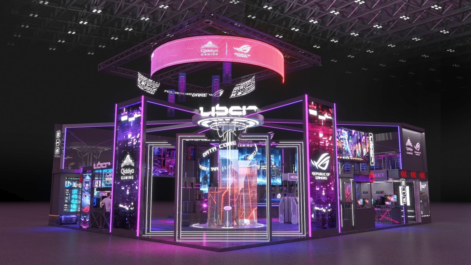本次攤位設計結合rog、qiddiya奇地亞城兩大品牌共同擁有的cyberpunk風格,主題</re:ality>源自程式碼啟動序列,象徵虛實邊界逐漸消融,玩家可隨心所欲穿梭其中。