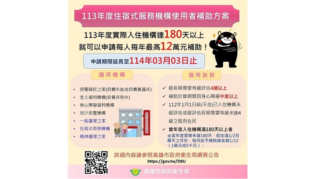 113年住宿式服務機構使用者補助方案 申請期限延長至114年3月3日止