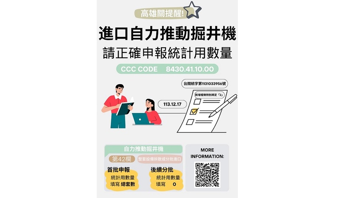 高雄關提醒業者進口自力推動掘井機，應正確申報統計用數量
