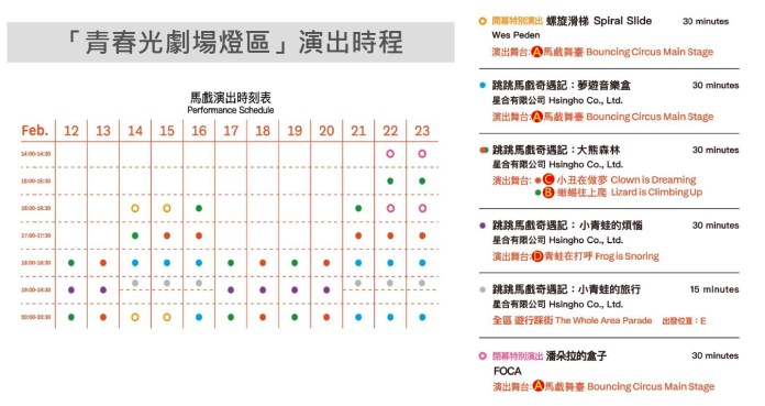 超現實流行龐克雜耍之王「WesPeden」首度來台演出 2/14台灣燈會登場 63 圖一、青春光劇場燈區 演出時程表 0