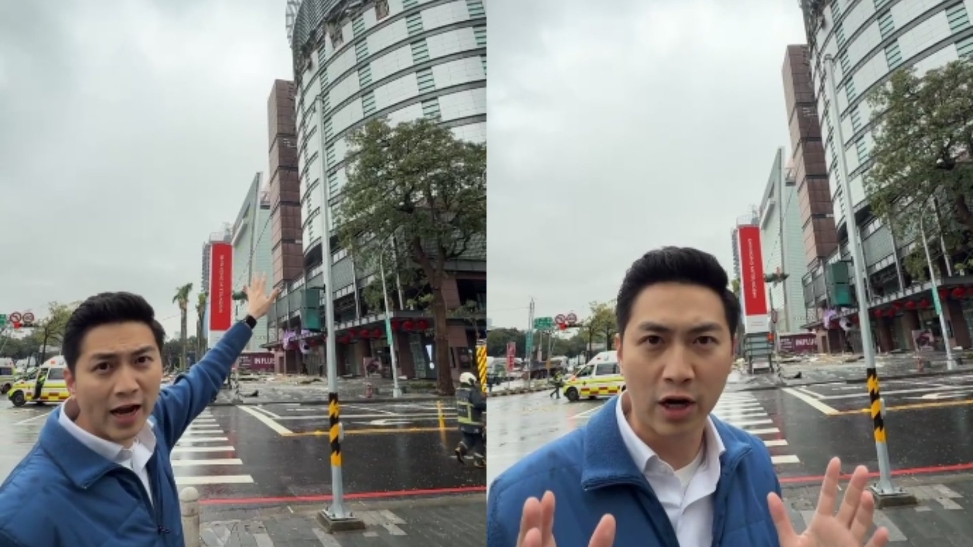 新光三越台中中港店13日發生嚴重氣爆,國民黨立委廖偉翔第一時間在現場開了2分多鐘直播,引發批評。翻攝廖偉翔臉書
