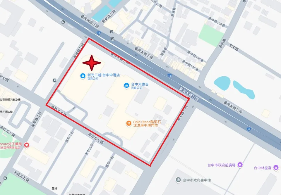▲台中市府啟動周邊道路管制，範圍包括：台灣大道三段（西往東方向）、惠來路二段（南往北方向）、市政北七路（東往西方向）、惠中路一段（南往北方向）慢車道及人行道均為管制路段。 (圖：截自台中市長盧秀燕FB)