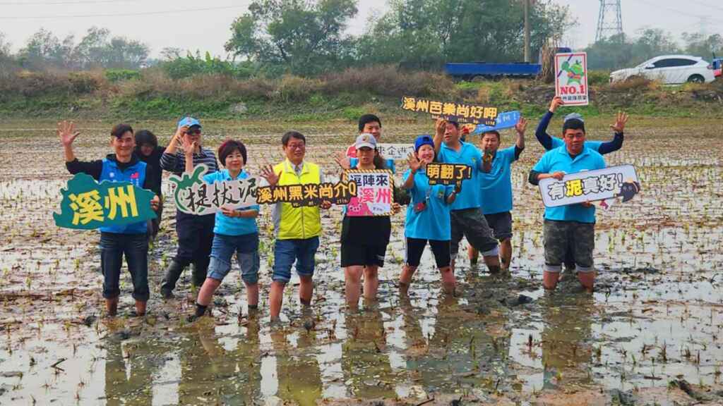 ▲溪州鄉長江淑芬、第四河川分署長李友平等人共同參與，一同下田，親手將彩色秧苗插入田中，體驗傳統農事樂趣，現場氣氛熱鬧且充滿趣味。（記者林明佑翻攝）