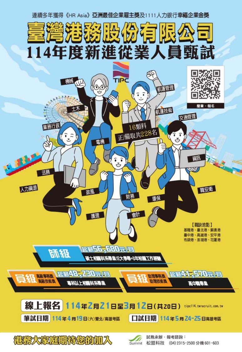 臺灣港務公司114年擴大招募基層員工起薪突破4萬元!把握報名時間