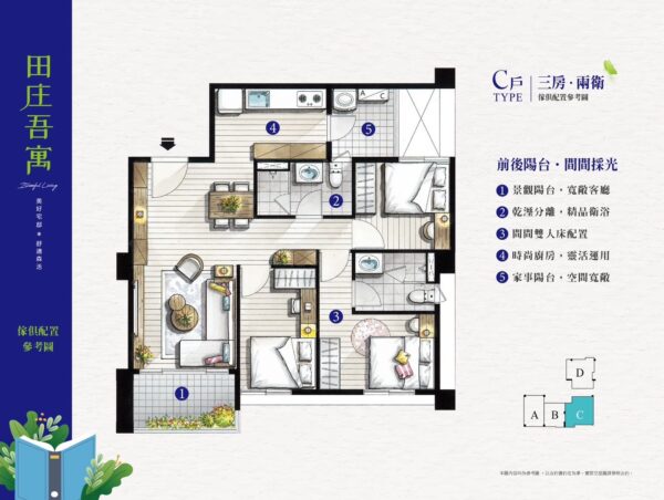 稀有3房,前後大陽台,三面採光。圖/業者提供