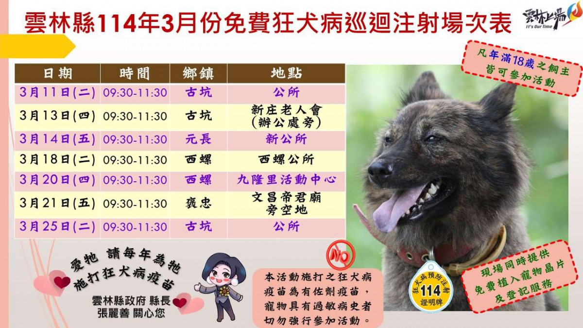 雲林縣114年自3月開始，將於縣內20個鄉鎮市內輪流舉辦「免費狂犬病疫苗巡迴注射活動」／翻攝照片
