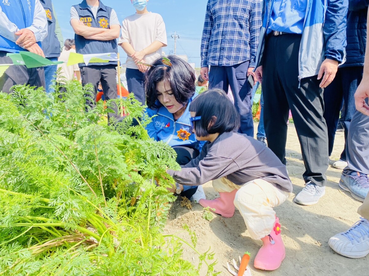 ▲雲林縣長張麗善與孫女一同體驗親子採摘彩色胡蘿蔔的樂趣。(記者陳雅琪攝)