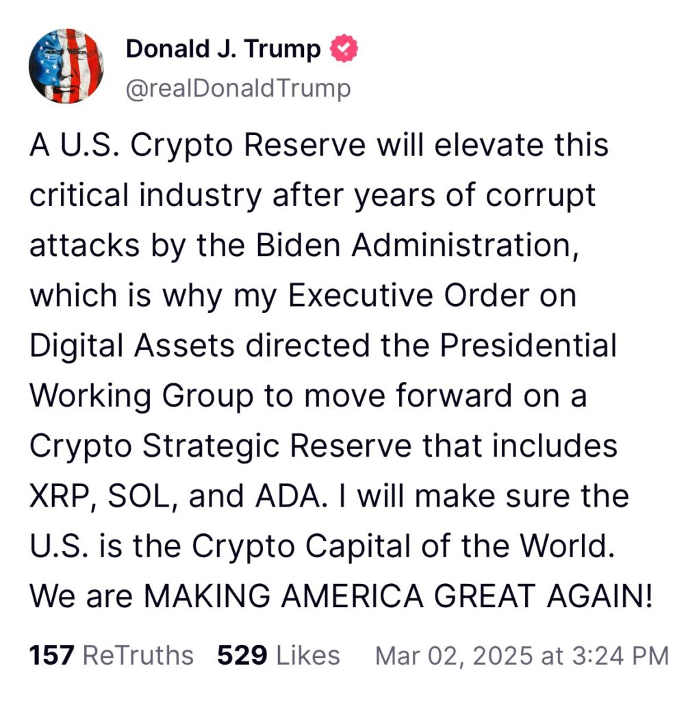 川普倡議建立美國加密貨幣儲備，點名納入XRP 、 SOL 和ADA