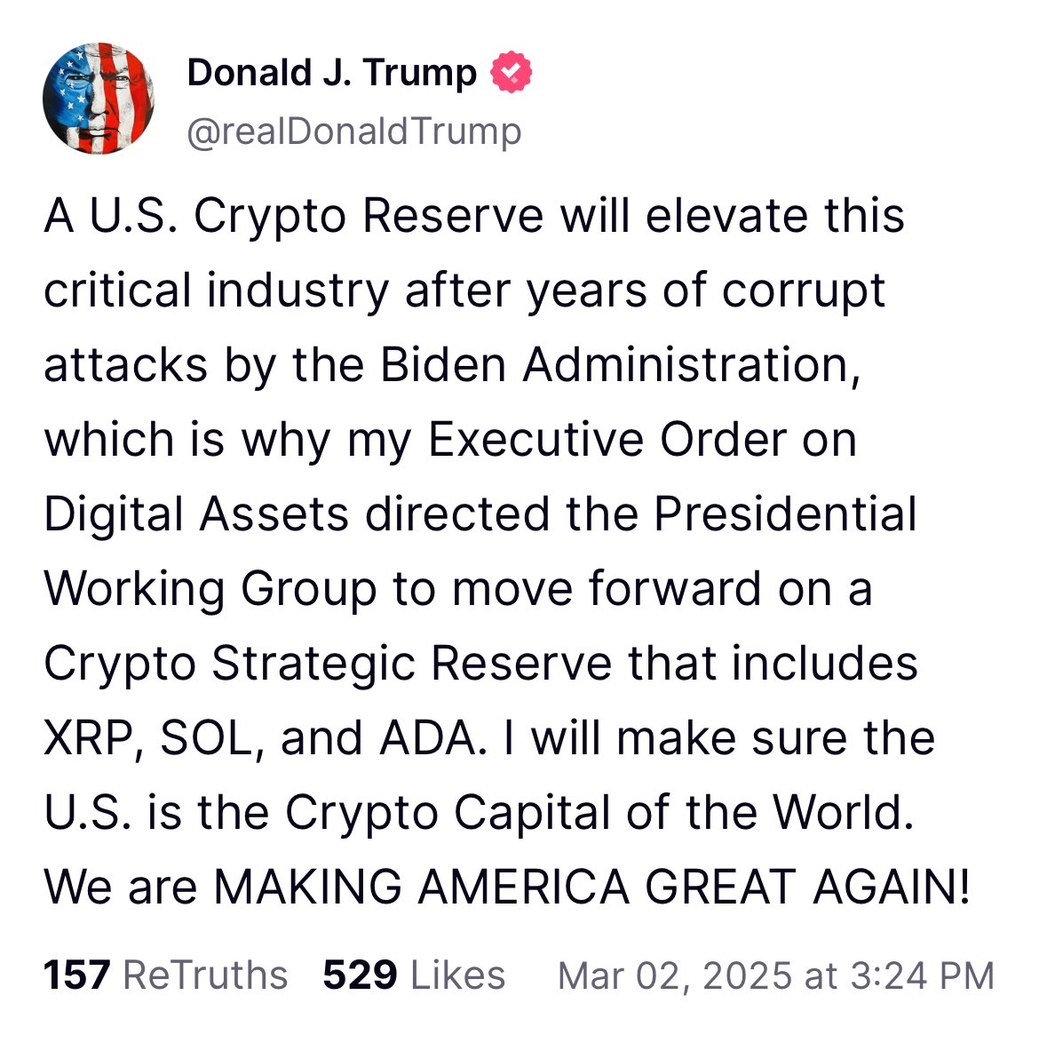 川普倡議建立美國加密貨幣儲備，點名納入XRP 、 SOL 和ADA