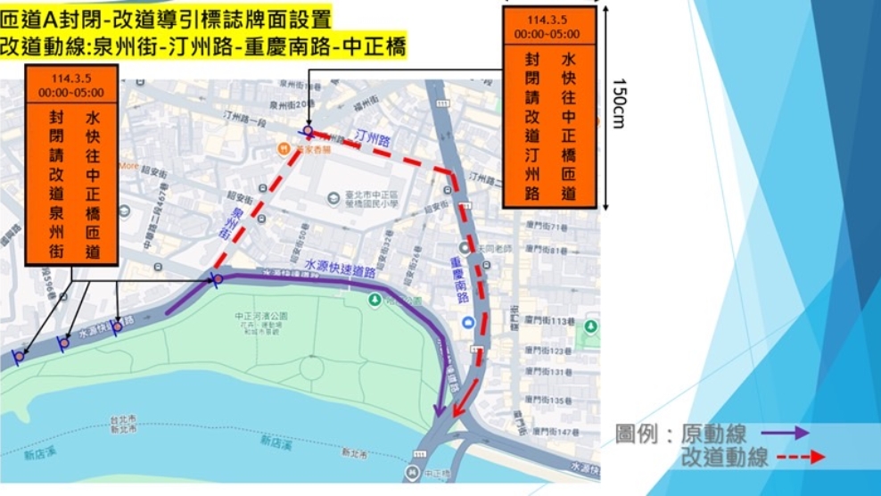 水快往中正橋匣道本週六0時封閉施工  中正第二分局提醒及早改道