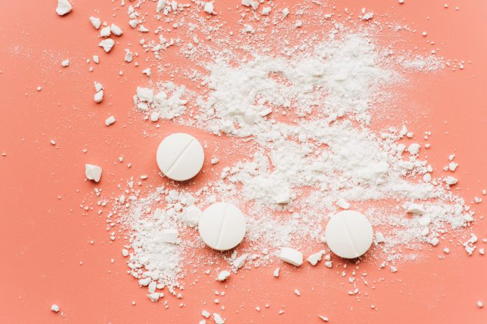 top view crushed pills scaled